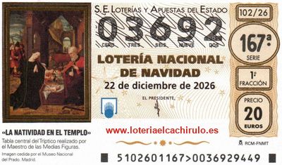 Anverso del d&eacute;cimo 03692 de la Loter&iacute;a de Navidad 2026, de Mieres (Asturias)